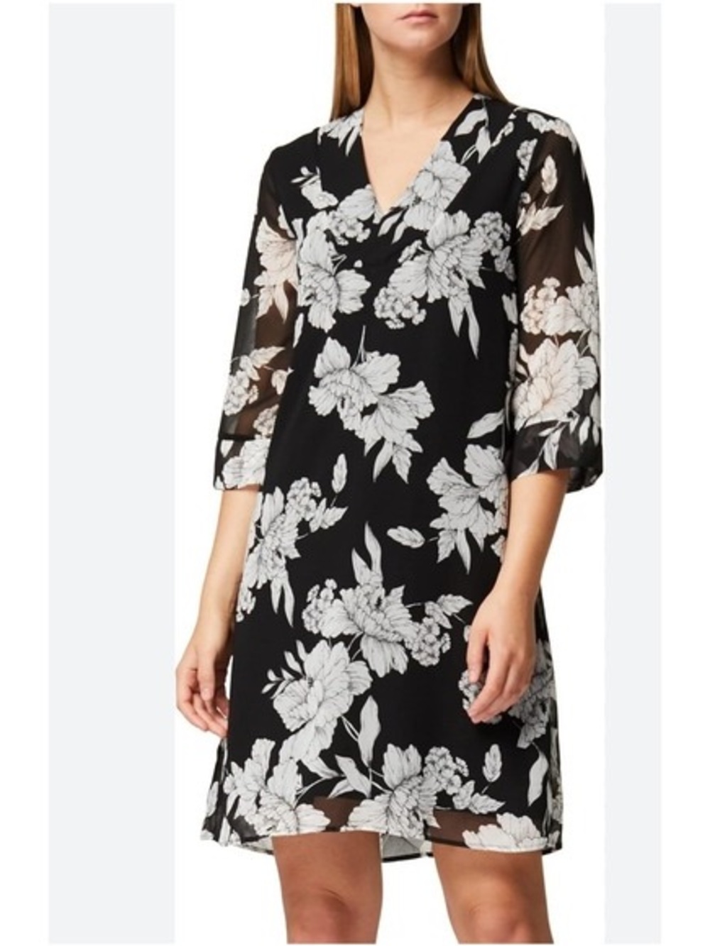 Black Floral Midi Dress with White Print